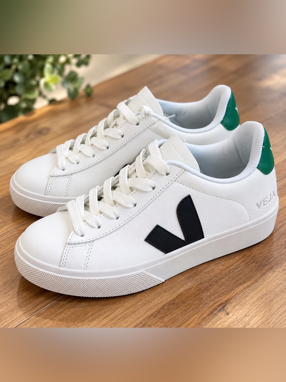 Veja White Leather Sneakers with Black V and Green Heel Tab